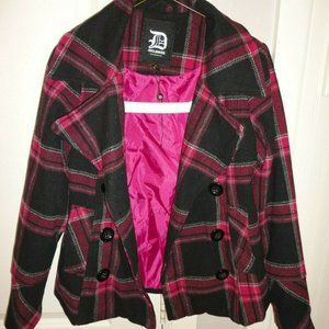 DOLLHOUSE Women's Plaid Pink & Black Pea Coat Jacket Sz Medium
